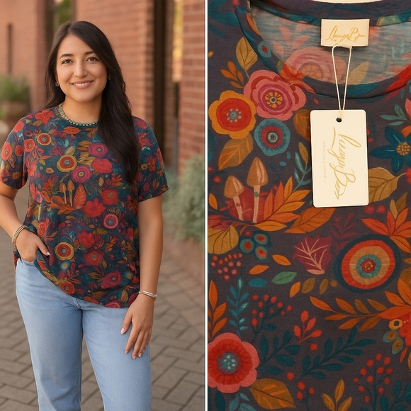 NWT Layerz Basics Floral Print Tee Shirt Large Boho Style 100% Cotton - Picture 1 of 8